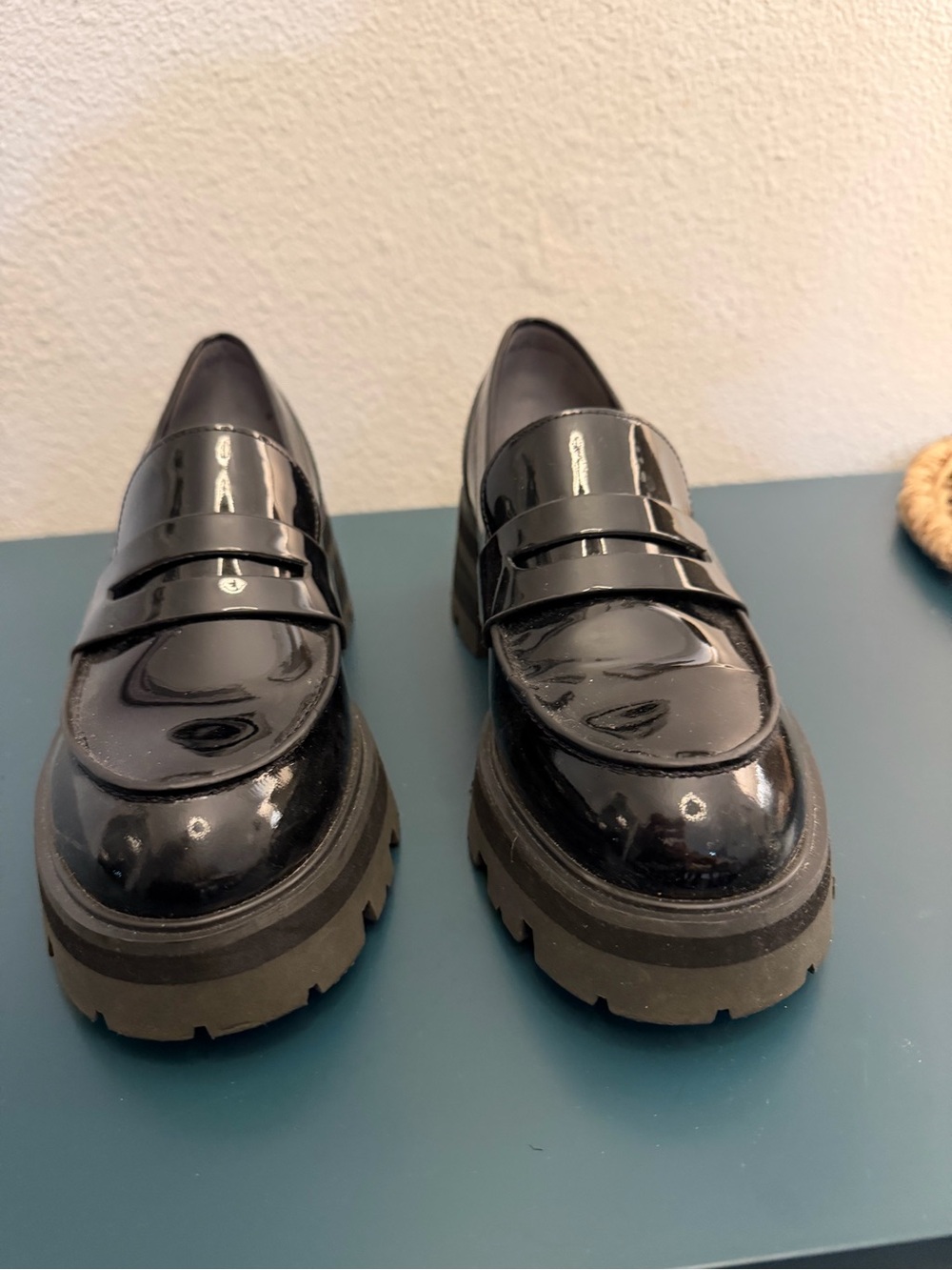 Marc Fisher Black Patent Mary Jane Loafers with Lug Sole
